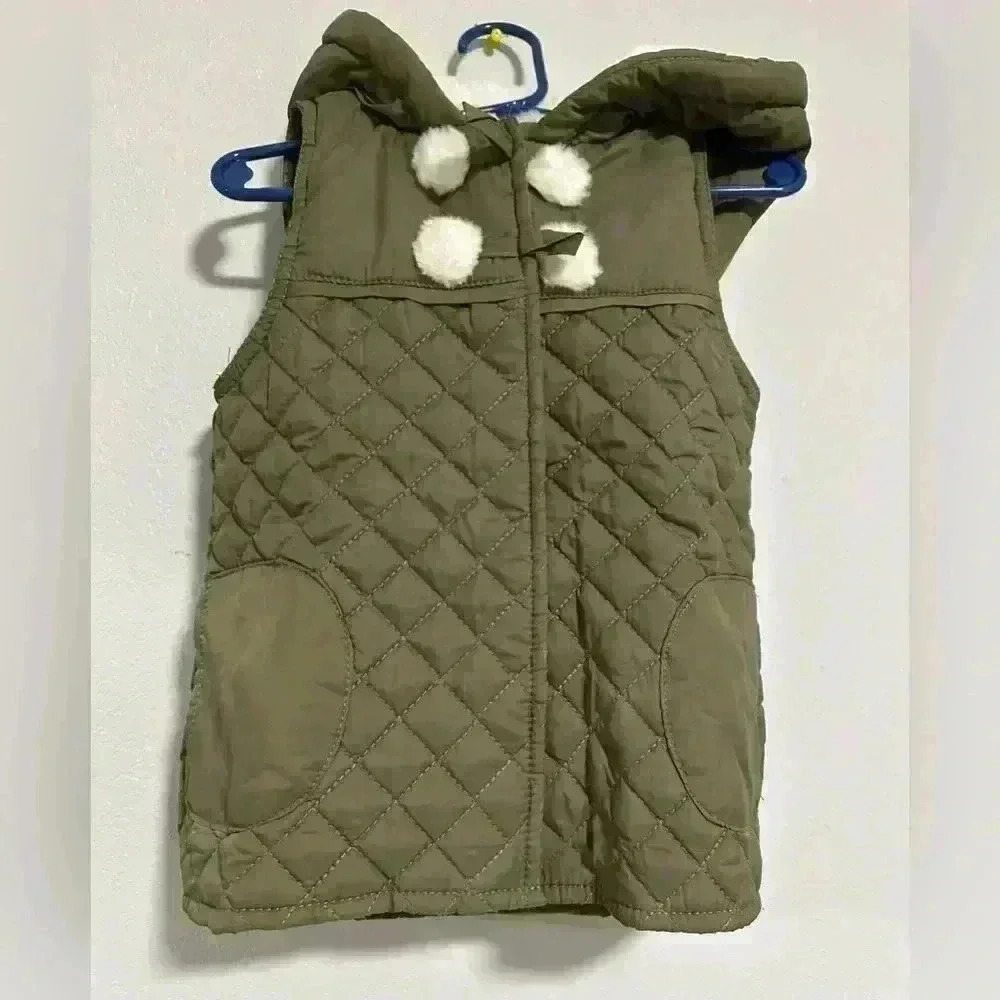 264. ASPEN Kids Olive Green Faux Fur Hooded Full Snap Quilted Vest Girls Size 3T